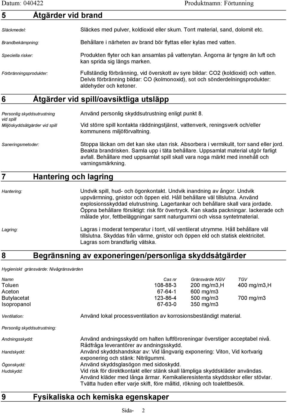 Fullständig förbränning, vid överskott av syre bildar: CO2 (koldioxid) och vatten. Delvis förbränning bildar: CO (kolmonoxid), sot och sönderdelningsprodukter: aldehyder och ketoner.