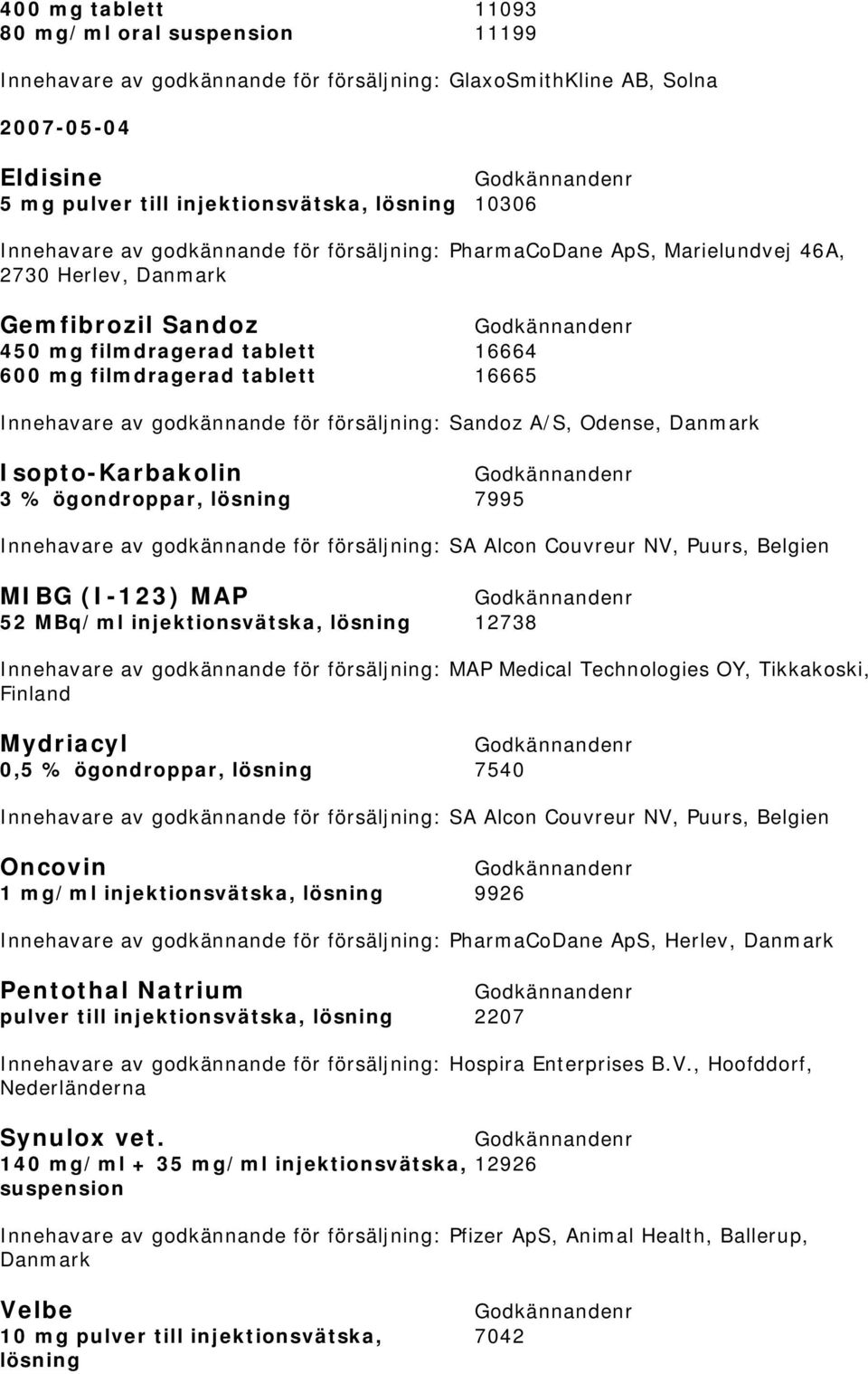 av godkännande för försäljning: Sandoz A/S, Odense, Danmark Isopto-Karbakolin 3 % ögondroppar, lösning 7995 Innehavare av godkännande för försäljning: SA Alcon Couvreur NV, Puurs, Belgien MIBG