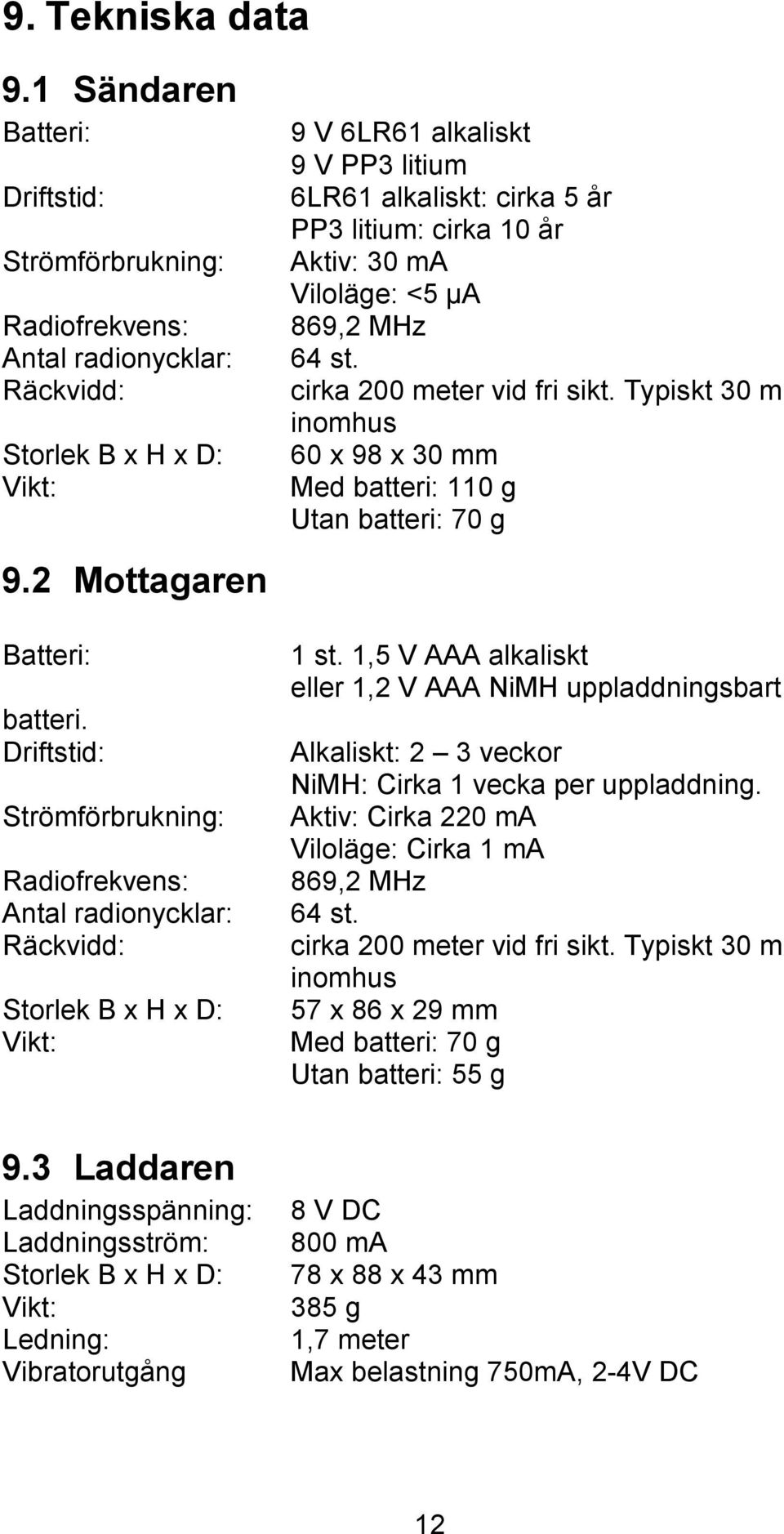 10 år Aktiv: 30 ma Viloläge: <5 μa 869,2 MHz 64 st. cirka 200 meter vid fri sikt. Typiskt 30 m inomhus 60 x 98 x 30 mm Med batteri: 110 g Utan batteri: 70 g 9.2 Mottagaren Batteri: batteri.