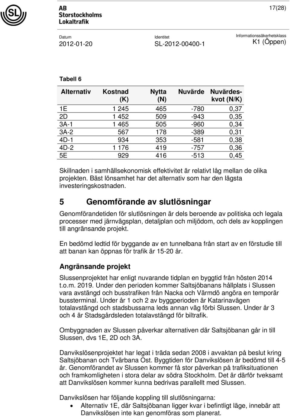 5 Genomförande av slutlösningar Genomförandetiden för slutlösningen är dels beroende av politiska och legala processer med järnvägsplan, detaljplan och miljödom, och dels av kopplingen till