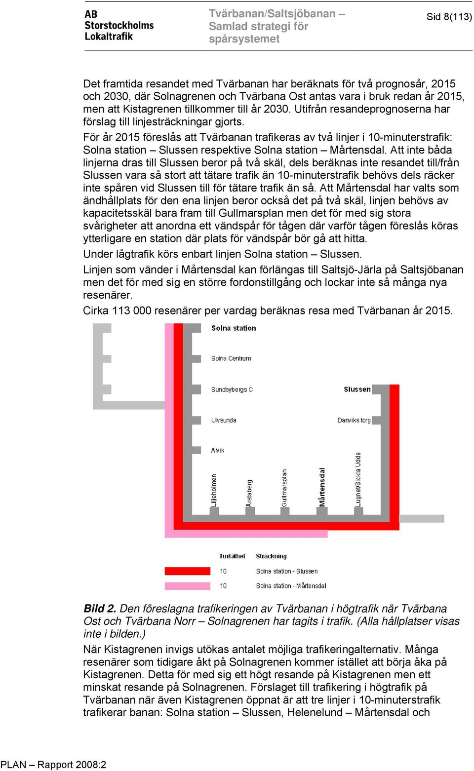 För år 2015 föreslås att Tvärbanan trafikeras av två linjer i 10-minuterstrafik: Solna station Slussen respektive Solna station Mårtensdal.