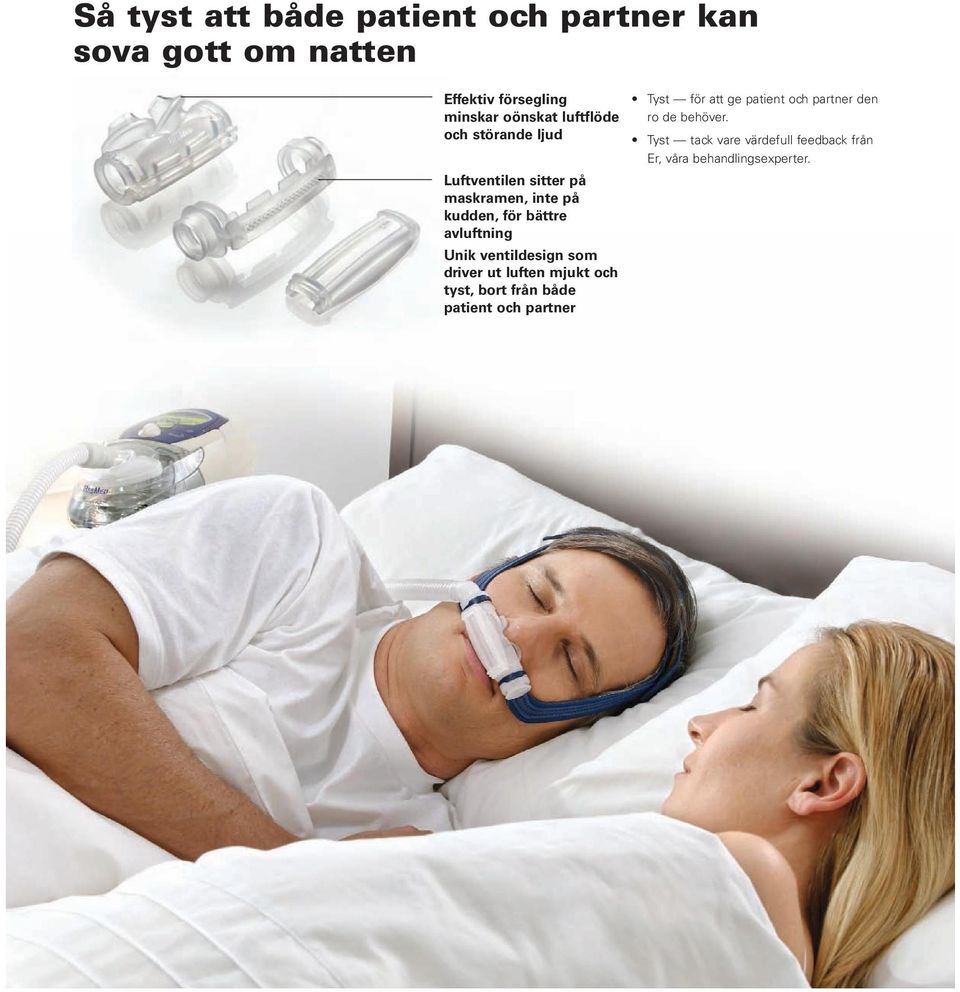 Unik ventildesign som driver ut luften mjukt och tyst, bort från både patient och partner Tyst för att