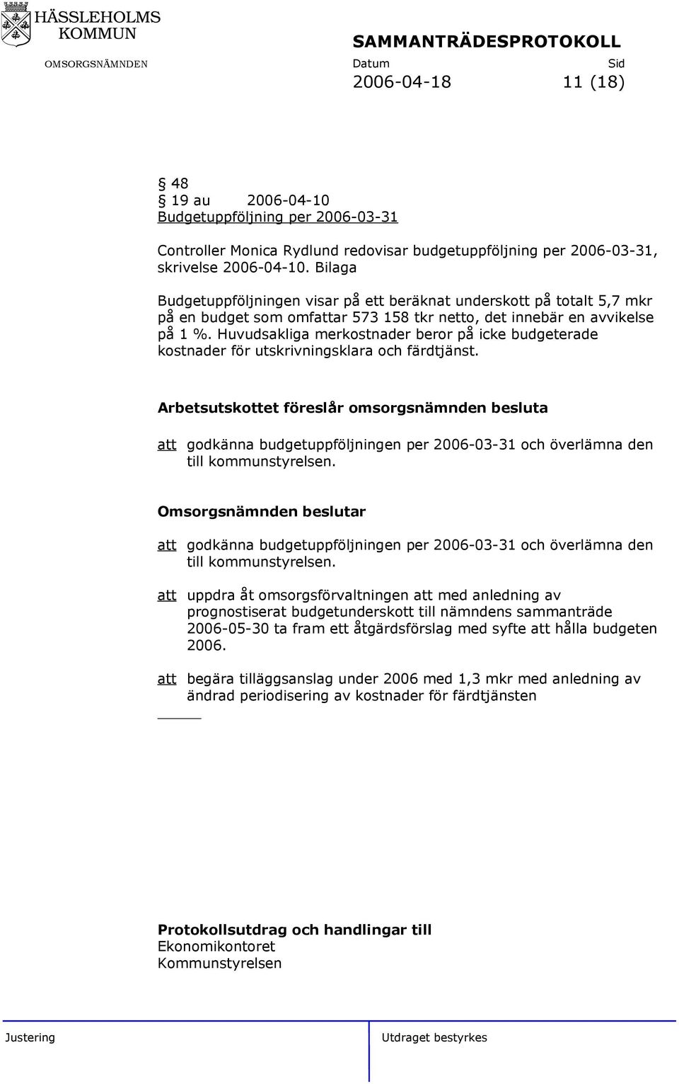 Huvudsakliga merkostnader beror på icke budgeterade kostnader för utskrivningsklara och färdtjänst.