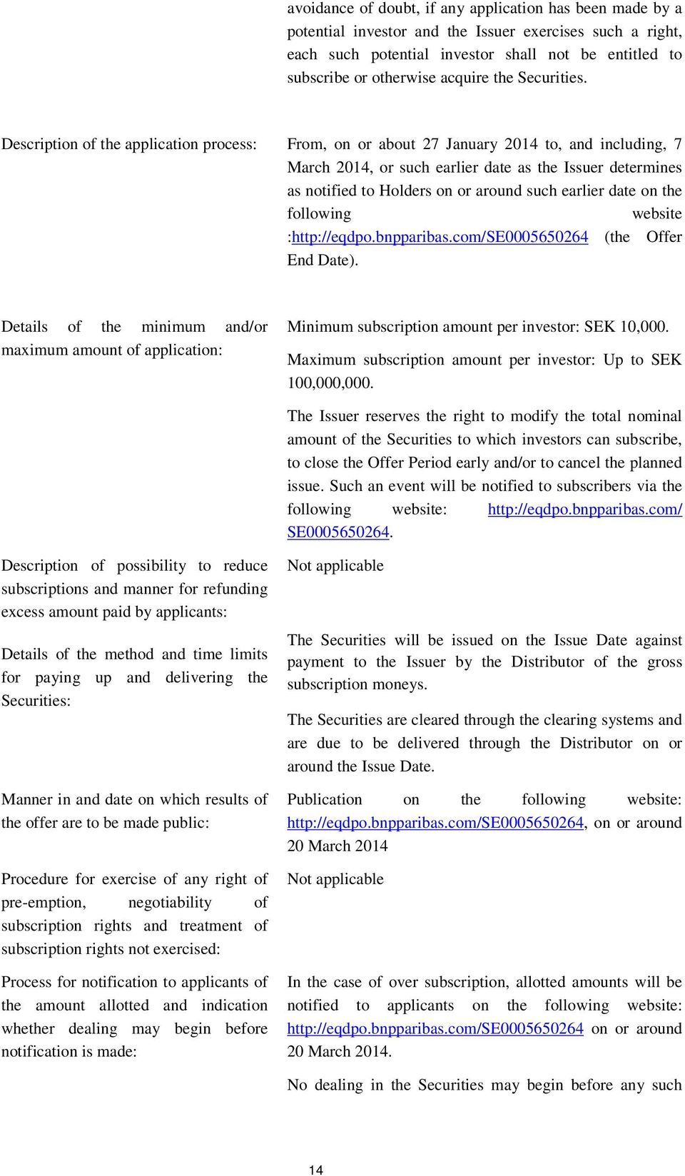 Description of the application process: From, on or about 27 January 2014 to, and including, 7 March 2014, or such earlier date as the Issuer determines as notified to Holders on or around such