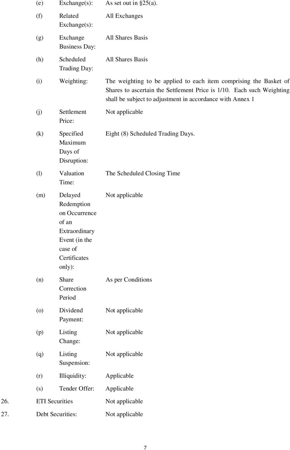 Basket of Shares to ascertain the Settlement Price is 1/10.