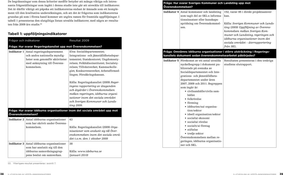 kommer att utgöra ramen för framtida uppföljningar. I tabell 1 presenteras den slutgiltiga listan utvalda indikatorer, med några av resultaten från 2009 års studie.