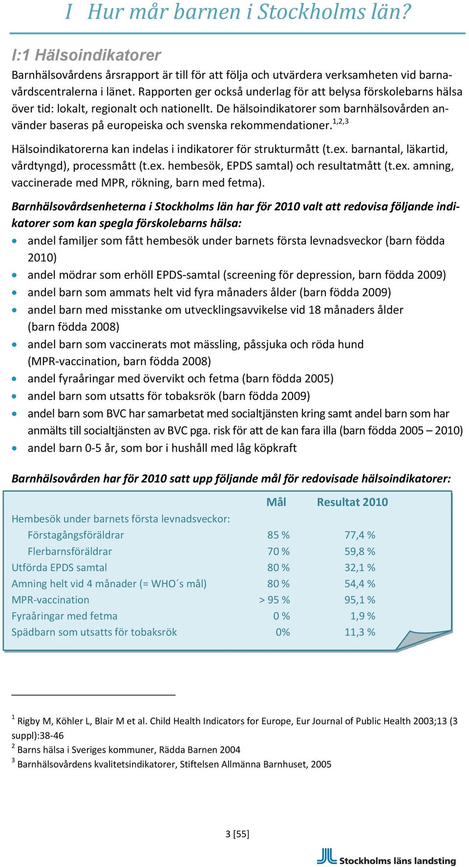 De hälsoindikatorer som barnhälsovården använder baseras på europeiska och svenska rekommendationer. 1,2,3 Hälsoindikatorerna kan indelas i indikatorer för strukturmått (t.ex.