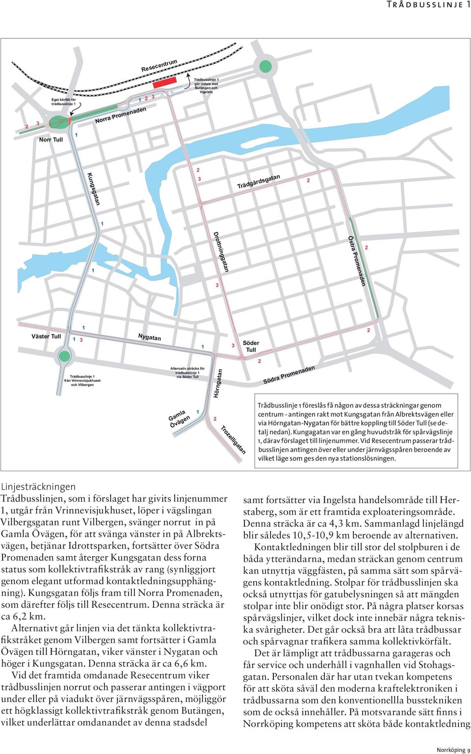 av dessa sträckningar genom centrum - antingen rakt mot Kungsgatan från Albrektsvägen eller via Hörngatan-Nygatan för bättre koppling till Söder (se detalj nedan).