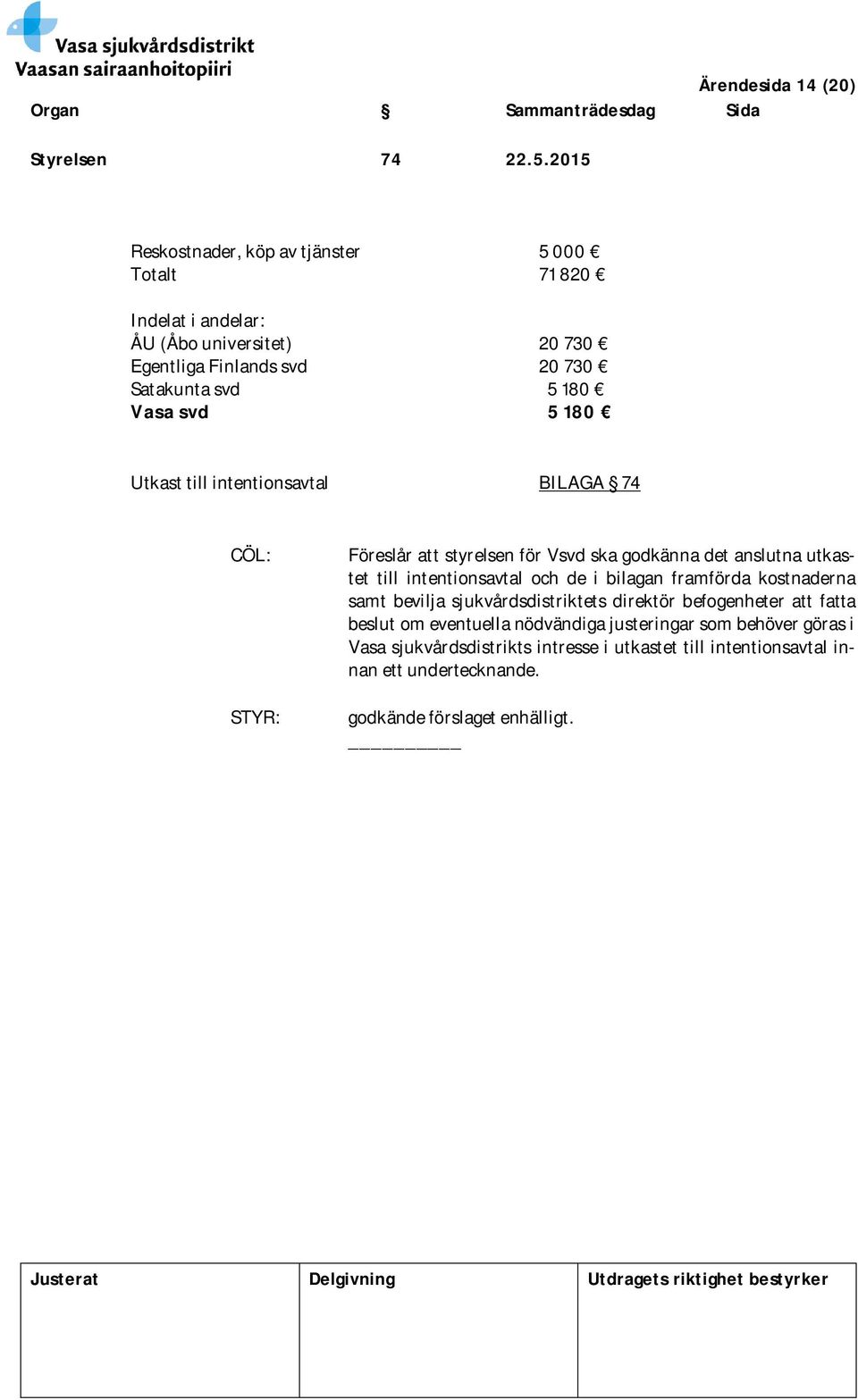 Vasa svd 5 180 Utkast till intentionsavtal BILAGA 74 CÖL: Föreslår att styrelsen för Vsvd ska godkänna det anslutna utkastet till intentionsavtal och de i