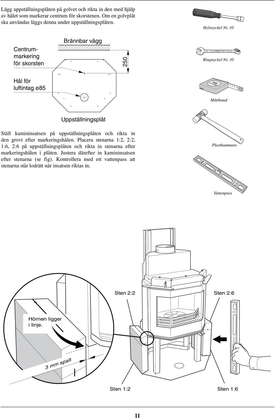 Om en golvplåt ska användas läggs denna under uppställningsplåten. Hylsnyckel Nr. 10 Hylsnyckel Nr. 10 Hylsnyckel Nr. 10 Hylsnyckel Ringnyckel Nr. Nr. 10 10 Centrummarkering för skorsten Hål för luftintag ø85 Brännbar vägg 250 Hylsnyckel Nr.