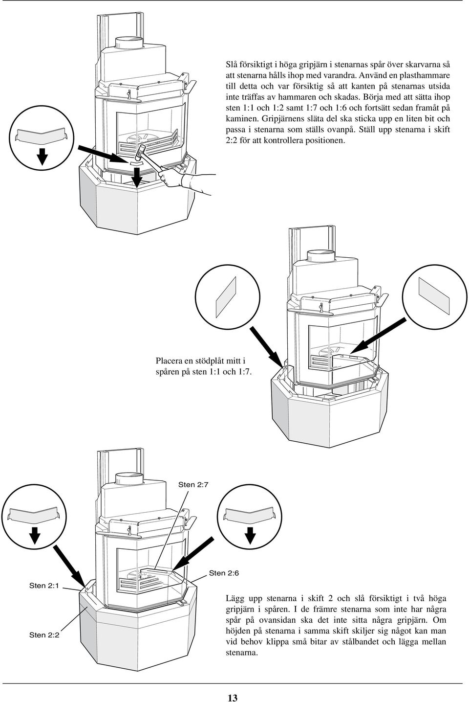 Börja med att sätta ihop sten 1:1 och 1:2 samt 1:7 och 1:6 och fortsätt sedan framåt på kaminen. Gripjärnens släta del ska sticka upp en liten bit och passa i stenarna som ställs ovanpå.