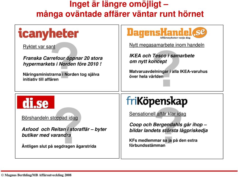 Matvaruavdelningar i alla IKEA-varuhus över hela världen Börshandeln stoppad idag Axfood och Reitan i storaffär byter butiker med varandra Äntligen