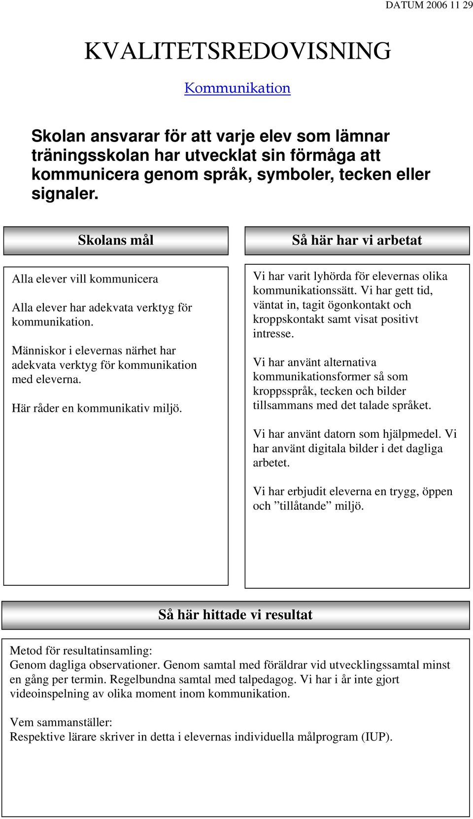 Här råder en kommunikativ miljö. Så här har vi arbetat Vi har varit lyhörda för elevernas olika kommunikationssätt.