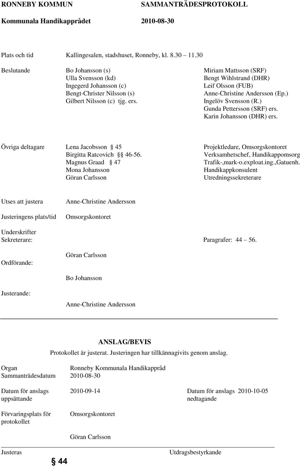 Övriga deltagare Lena Jacobsson 45 Birgitta Ratcovich 46-56. Magnus Graad 47 Mona Johansson Göran Carlsson Projektledare, Omsorgskontoret Verksamhetschef, Handikappomsorg Trafik-,mark-o.exploat.ing.