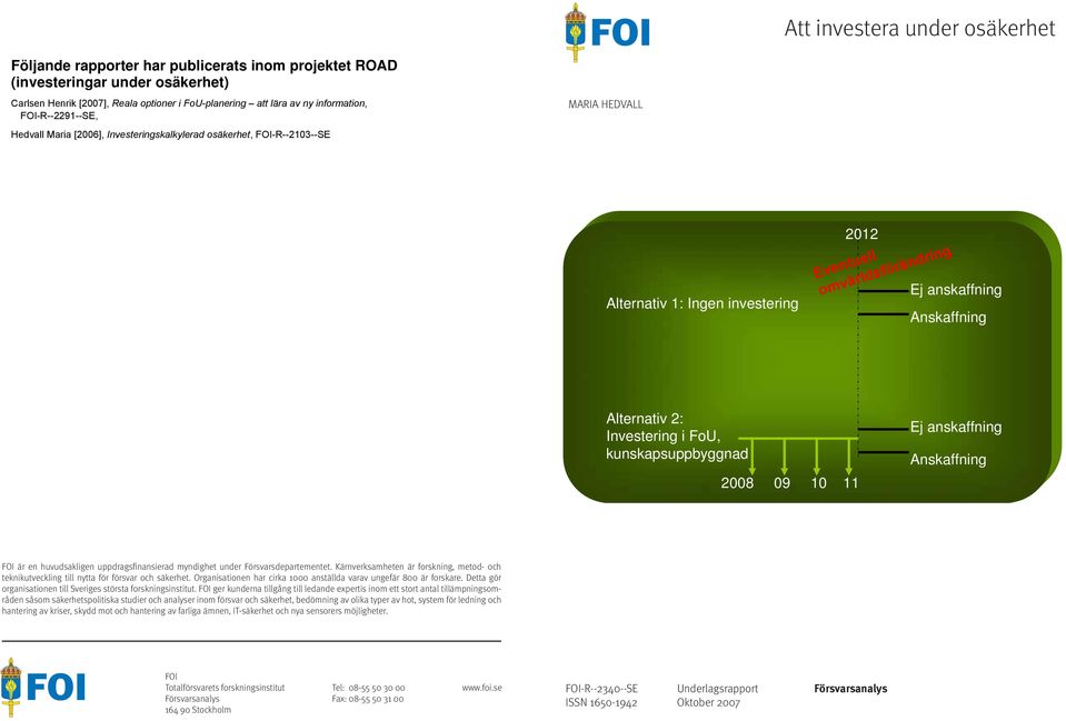Alternativ 2: Investering i FoU, kunskapsuppbyggnad 2008 09 10 11 Ej anskaffning Anskaffning FOI är en huvudsakligen uppdragsfinansierad myndighet under Försvarsdepartementet.
