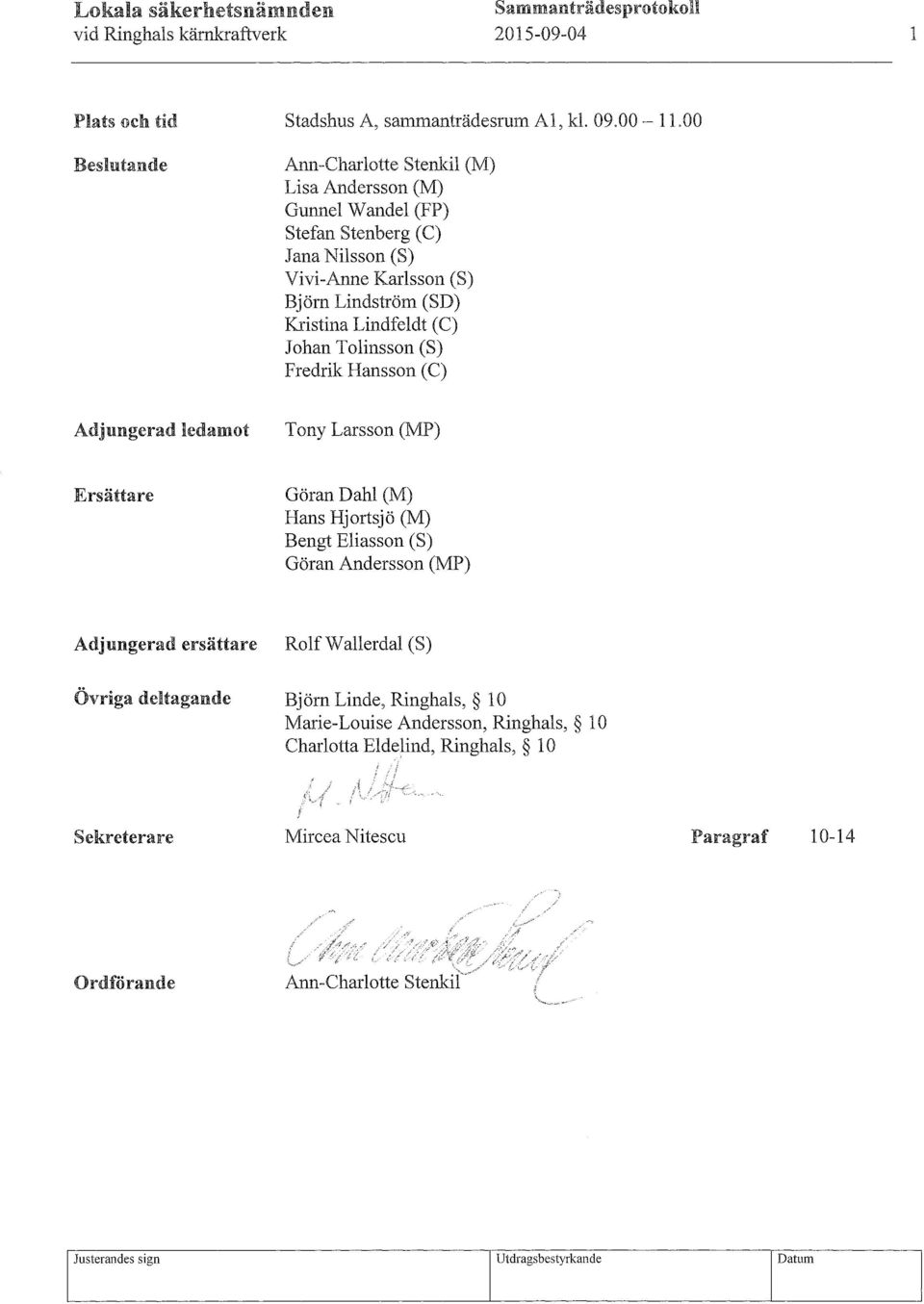 Lindfeldt ( C) Johan Tolinsson (S) Fredrik Hansson (C) Adjungerad ledamot Tony Larsson (MP) Ersättare Göran Dahl (M) Hans Hjortsjö (M) Bengt Eliasson (S) Göran Andersson