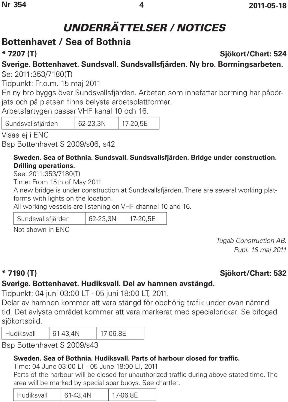 Sundsvallsfjärden 62-23,3N 17-20,5E Visas ej i ENC Bsp Bottenhavet S 2009/s06, s42 Sweden. Sea of Bothnia. Sundsvall. Sundsvallsfjärden. Bridge under construction. Drilling operations.