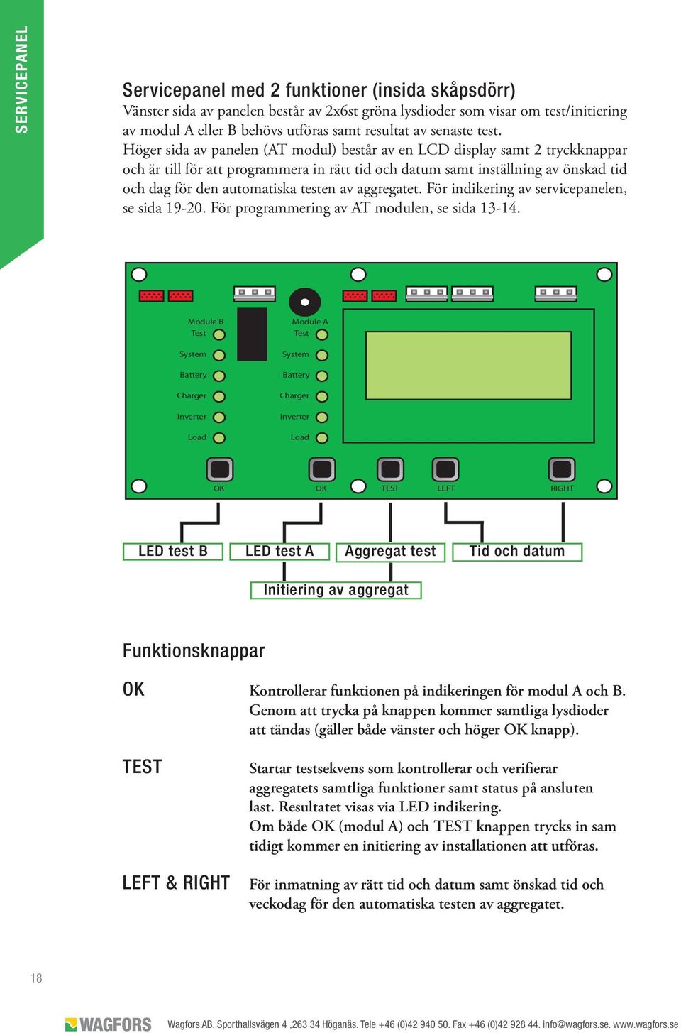 Höger sida av panelen (AT modul) består av en LCD display samt 2 tryckknappar och är till för att programmera in rätt tid och datum samt inställning av önskad tid och dag för den automatiska testen