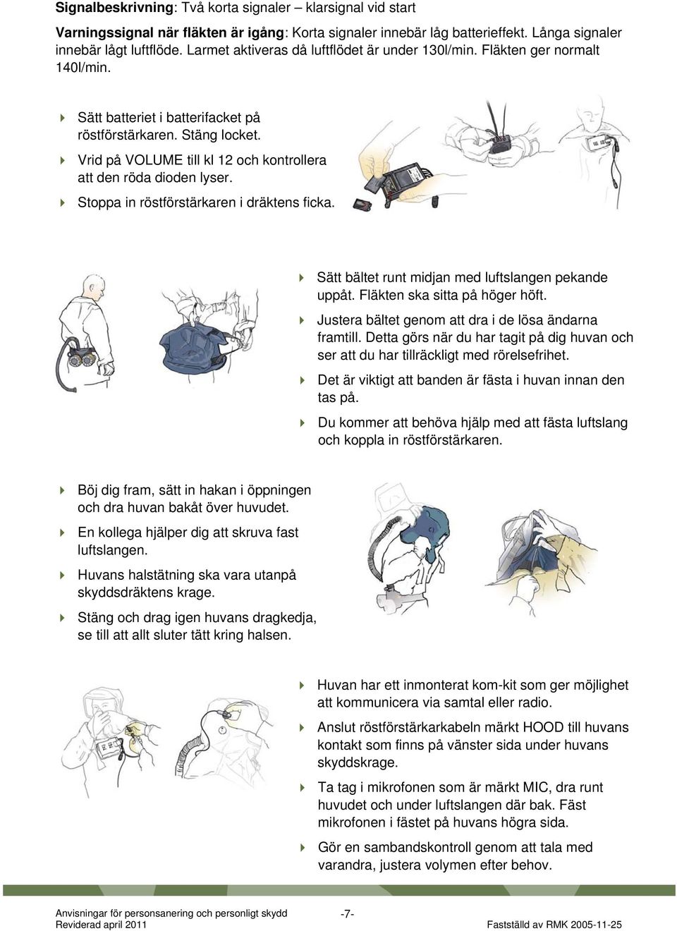 Vrid på VOLUME till kl 12 och kontrollera att den röda dioden lyser. Stoppa in röstförstärkaren i dräktens ficka. Sätt bältet runt midjan med luftslangen pekande uppåt.