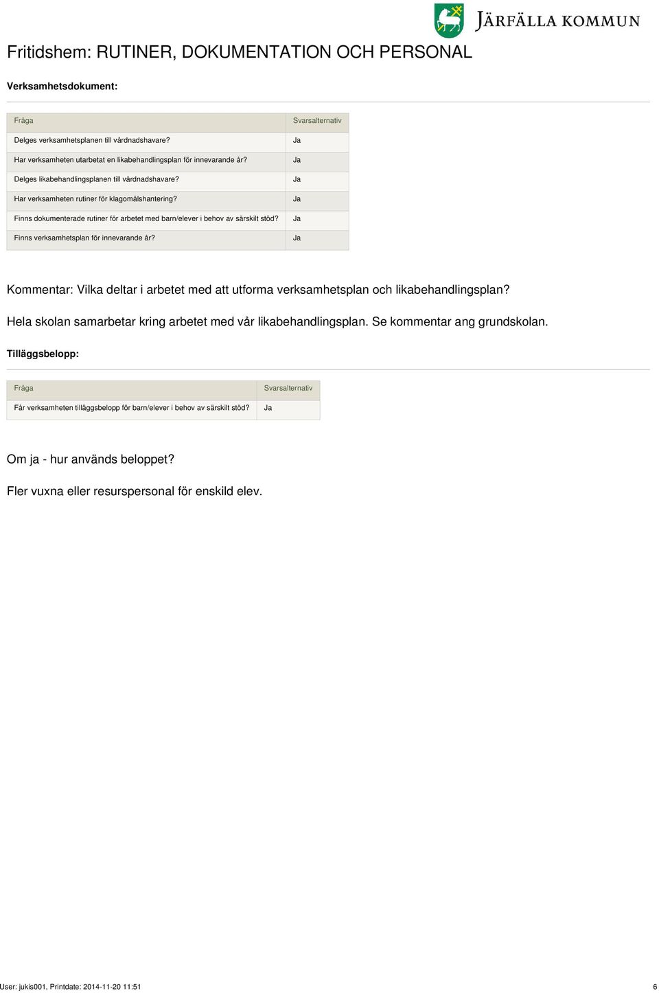 Finns verksamhetsplan för innevarande år? Kommentar: Vilka deltar i arbetet med att utforma verksamhetsplan och likabehandlingsplan? Hela skolan samarbetar kring arbetet med vår likabehandlingsplan.