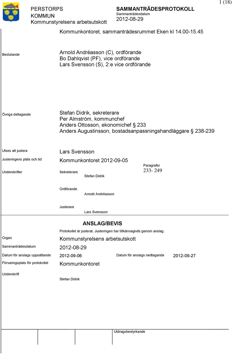 kommunchef Anders Ottosson, ekonomichef 233 Anders Augustinsson, bostadsanpassningshandläggare 238-239 Utses justera Lars Svensson Justeringens plats och tid Kommunkontoret 2012-09-05