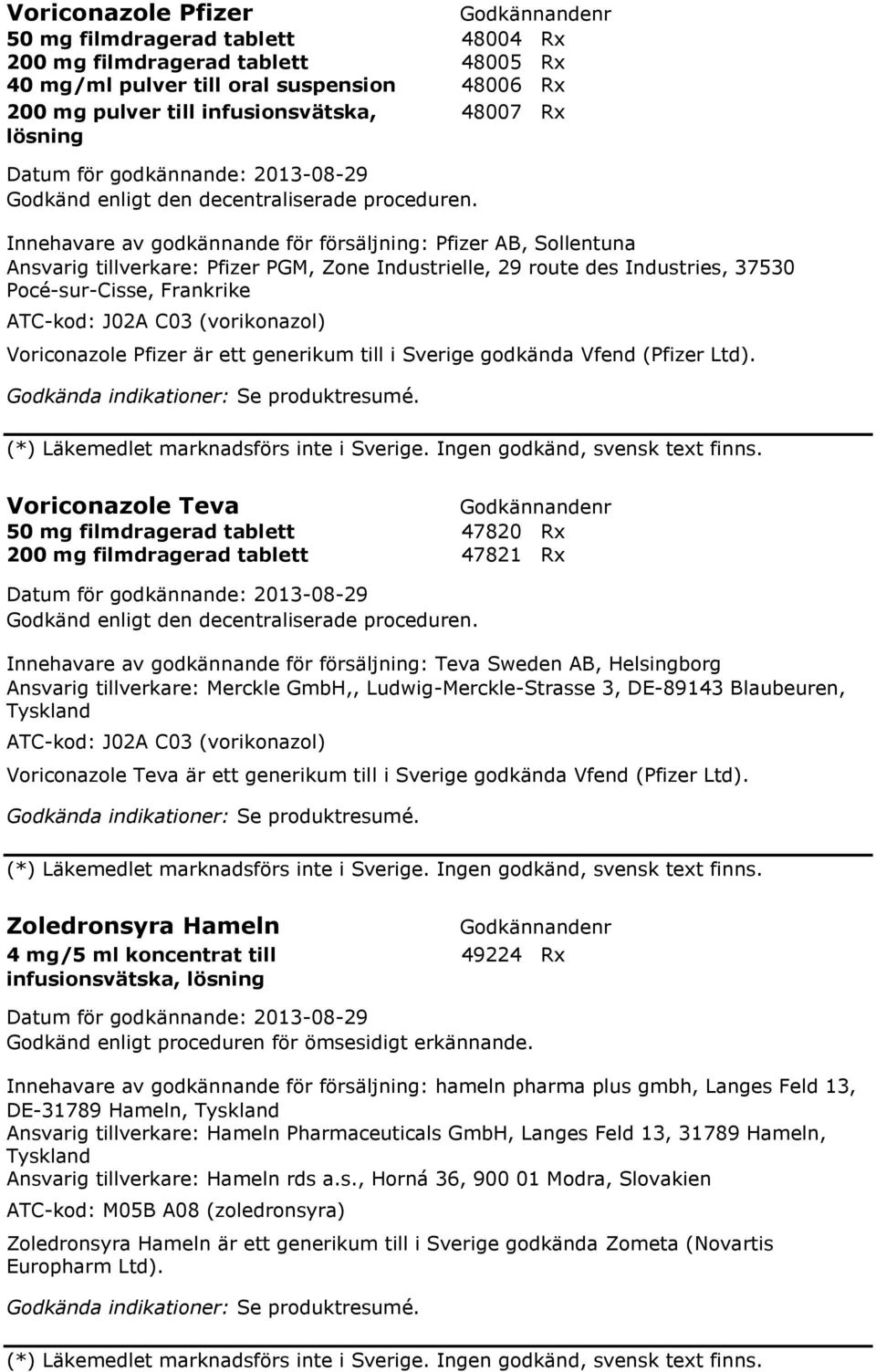 (vorikonazol) Voriconazole Pfizer är ett generikum till i Sverige godkända Vfend (Pfizer Ltd). (*) Läkemedlet marknadsförs inte i Sverige. Ingen godkänd, svensk text finns.