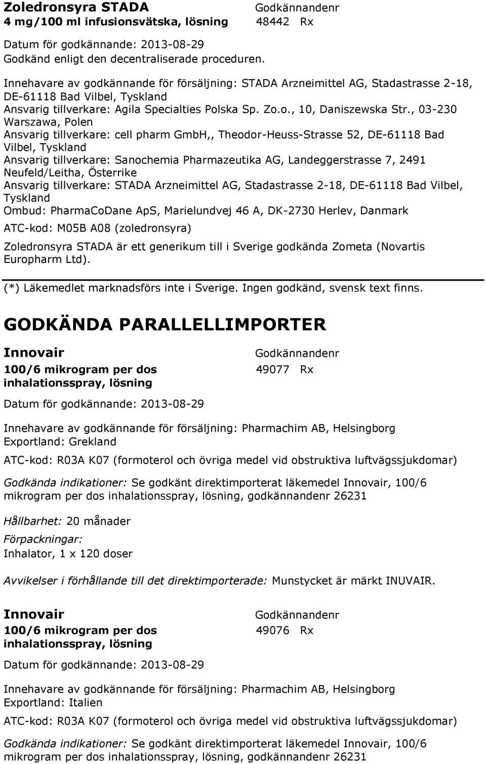 , 03-230 Warszawa, Polen Ansvarig tillverkare: cell pharm GmbH,, Theodor-Heuss-Strasse 52, DE-61118 Bad Vilbel, Tyskland Ansvarig tillverkare: Sanochemia Pharmazeutika AG, Landeggerstrasse 7, 2491