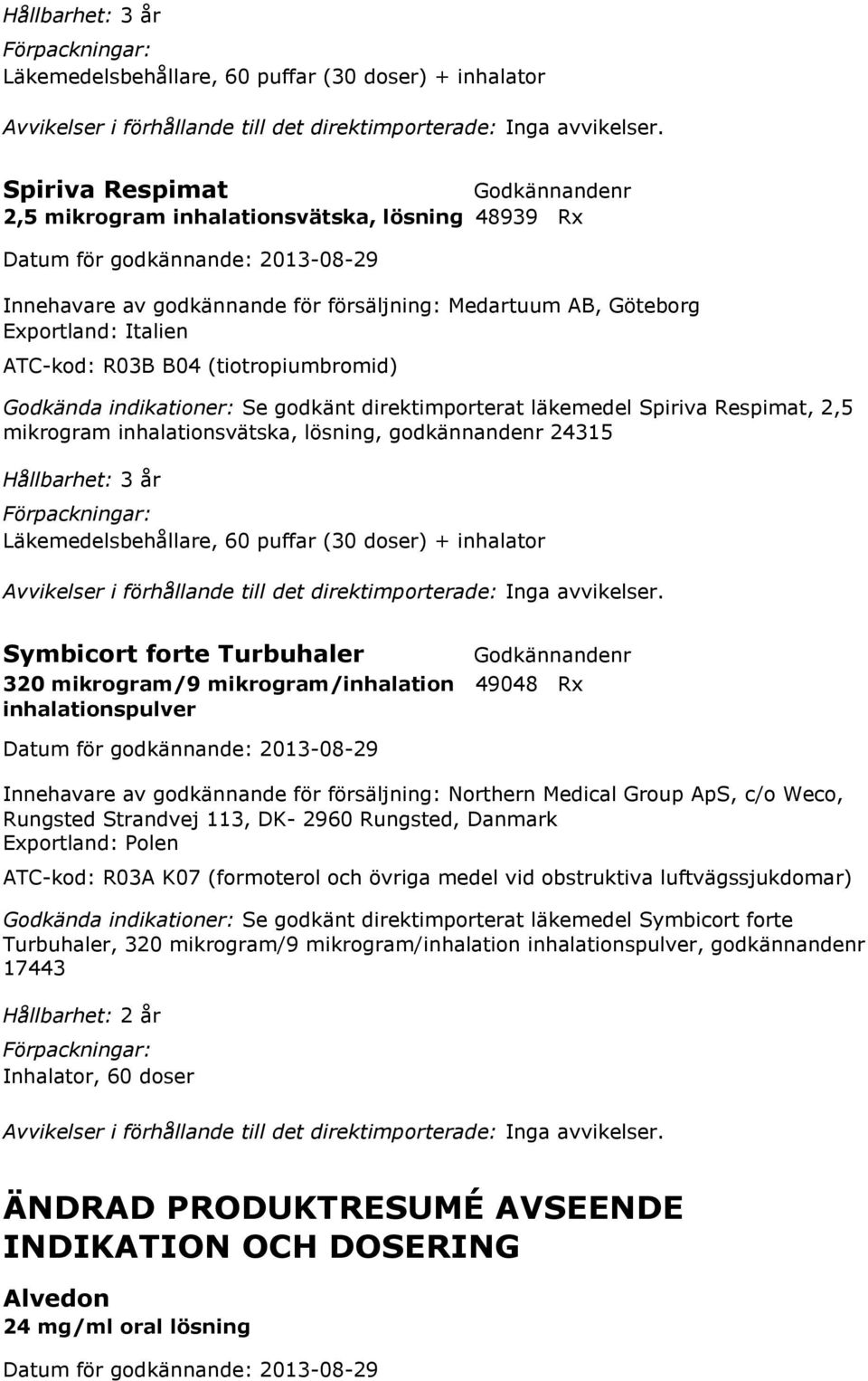 indikationer: Se godkänt direktimporterat läkemedel Spiriva Respimat, 2,5 mikrogram inhalationsvätska, lösning, godkännandenr 24315  Symbicort forte Turbuhaler 320 mikrogram/9 mikrogram/inhalation