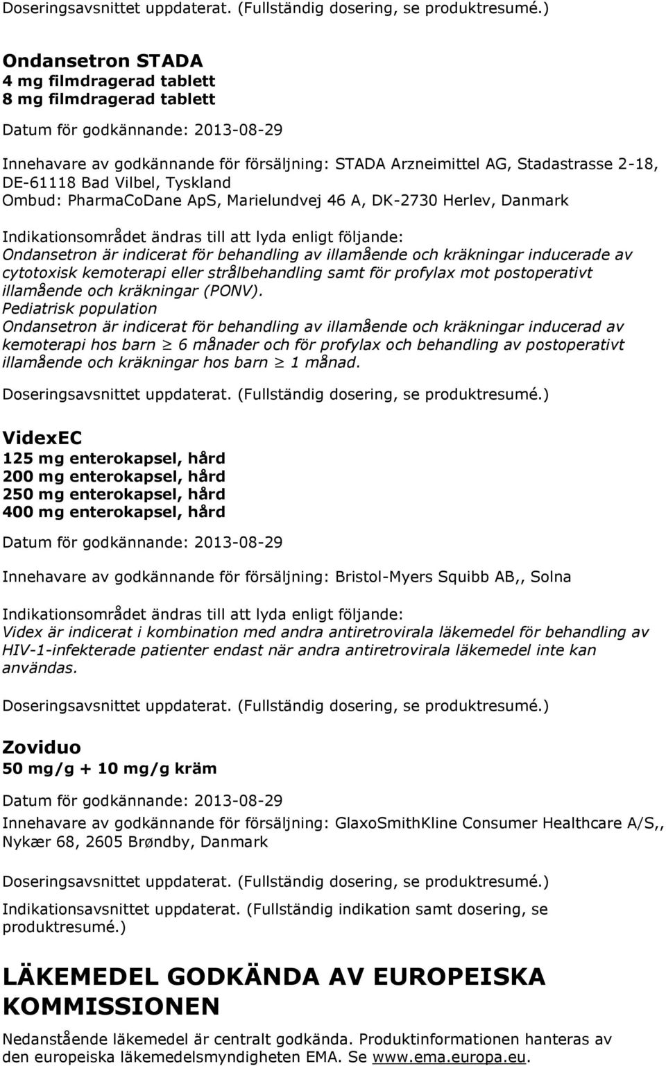 PharmaCoDane ApS, Marielundvej 46 A, DK-2730 Herlev, Danmark Indikationsområdet ändras till att lyda enligt följande: Ondansetron är indicerat för behandling av illamående och kräkningar inducerade