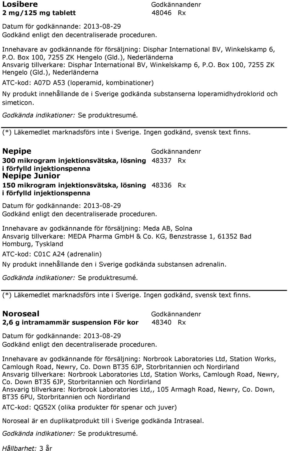 ), Nederländerna ATC-kod: A07D A53 (loperamid, kombinationer) Ny produkt innehållande de i Sverige godkända substanserna loperamidhydroklorid och simeticon. (*) Läkemedlet marknadsförs inte i Sverige.