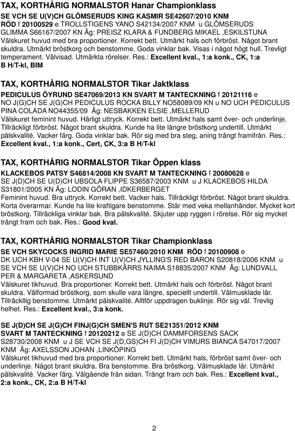 Visas i något högt hull. Trevligt temperament. Välvisad. Utmärkta rörelser. Res.: Excellent kval., 1:a konk.