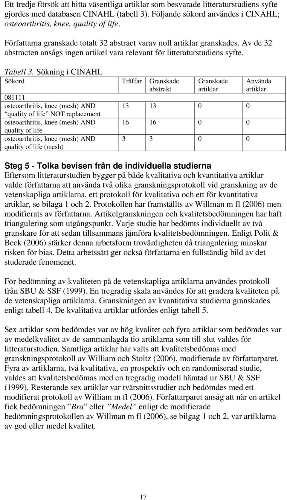 Av de 32 abstracten ansågs ingen artikel vara relevant för litteraturstudiens syfte. Tabell 3.