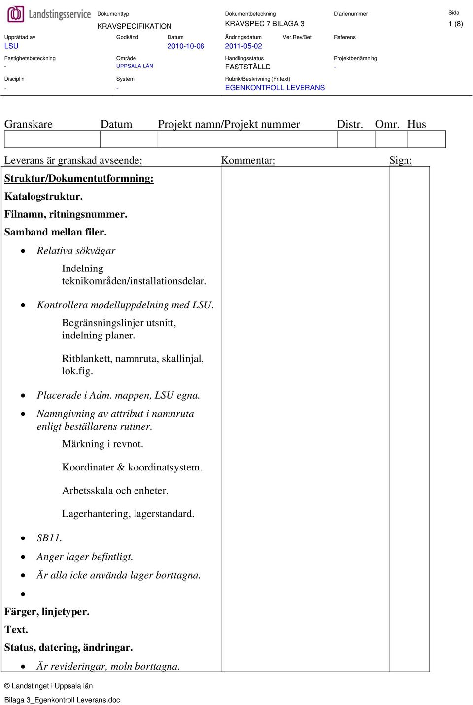 Ritblankett, namnruta, skallinjal, lok.fig. Placerade i Adm. mappen, LSU egna. Namngivning av attribut i namnruta enligt beställarens rutiner. SB11. Märkning i revnot. Koordinater & koordinatsystem.