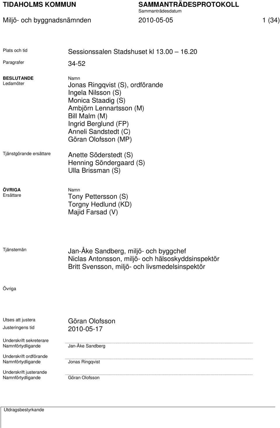 Anneli Sandstedt (C) Göran Olofsson (MP) Anette Söderstedt (S) Henning Söndergaard (S) Ulla Brissman (S) ÖVRIGA Ersättare Namn Tony Pettersson (S) Torgny Hedlund (KD) Majid Farsad (V) Tjänstemän