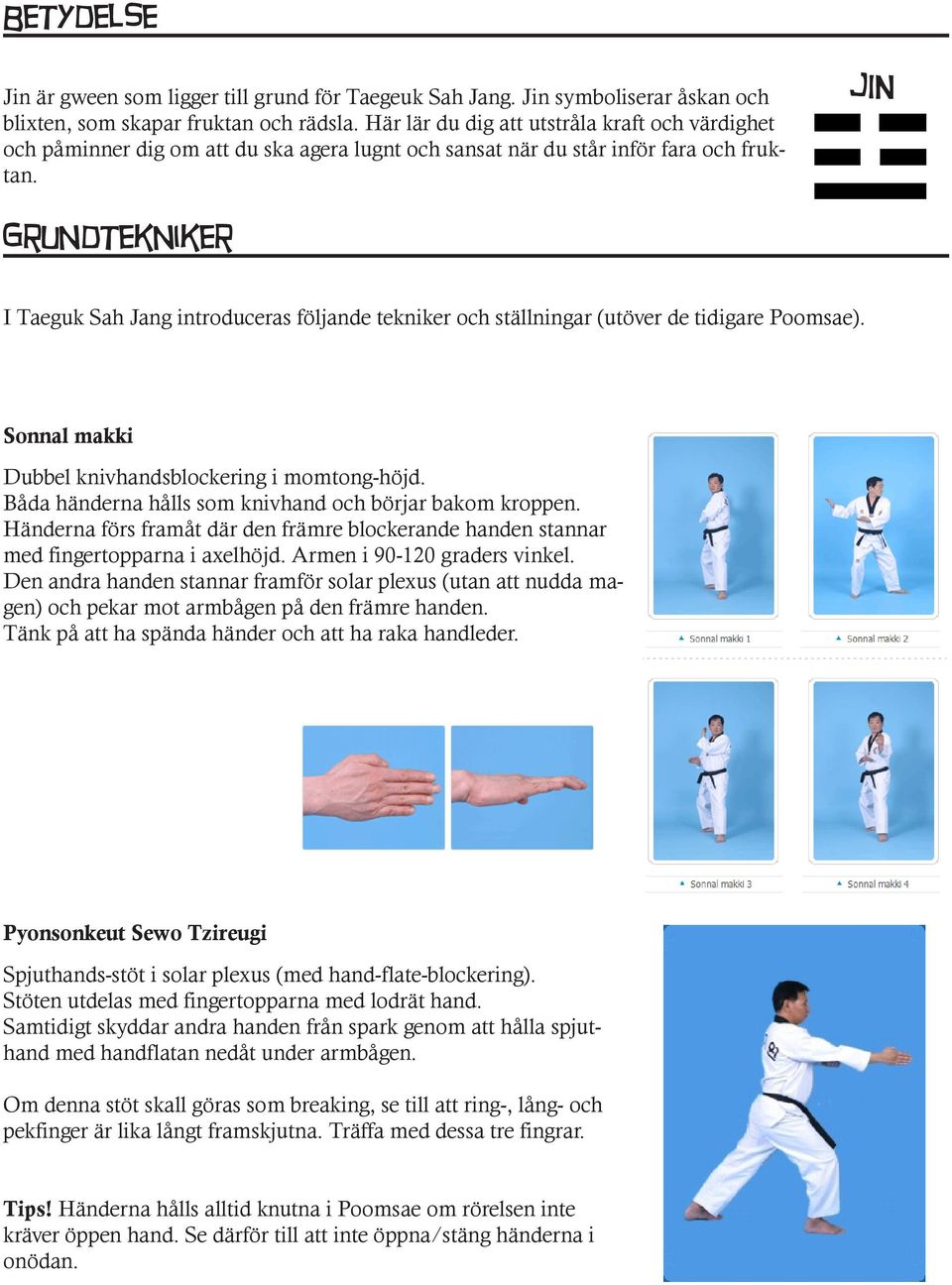 JIN Grundtekniker I Taeguk Sah Jang introduceras följande tekniker och ställningar (utöver de tidigare Poomsae). Sonnal makki Dubbel knivhandsblockering i momtong-höjd.