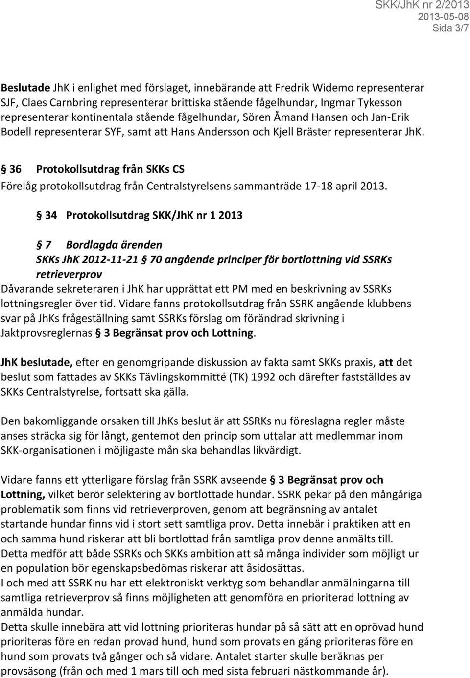 36 Protokollsutdrag från SKKs CS Förelåg protokollsutdrag från Centralstyrelsens sammanträde 17-18 april 2013.