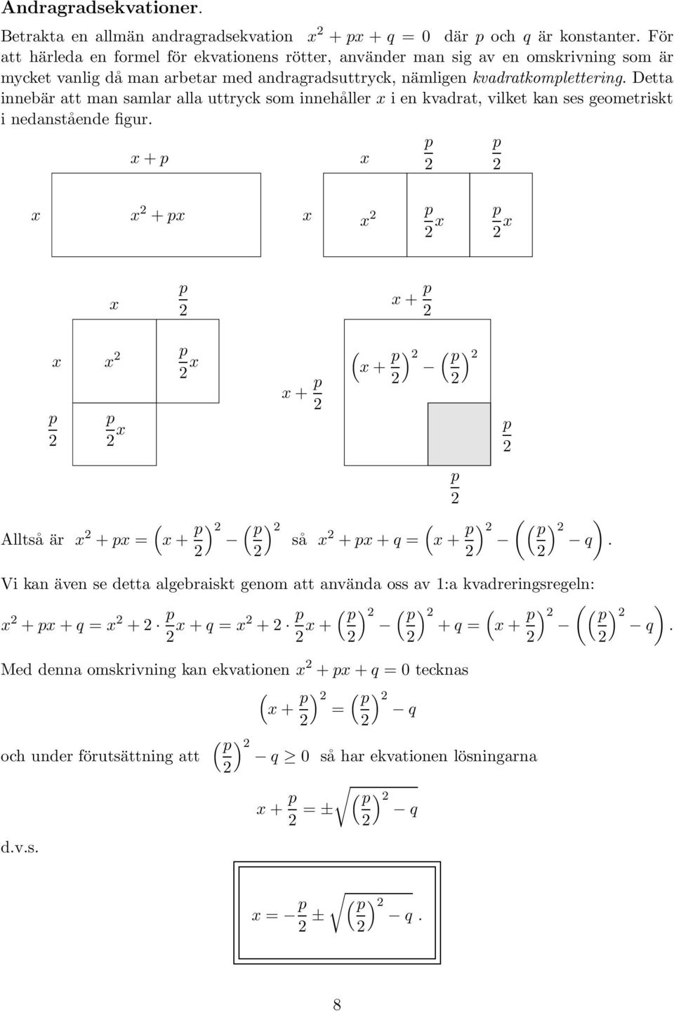 Detta innebär att man samlar alla uttryck som innehåller i en kvadrat, vilket kan ses geometriskt i nedanstående figur.