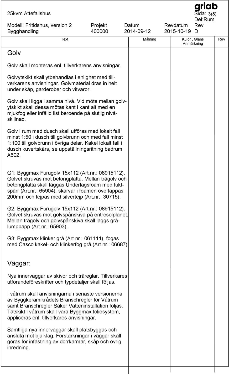 Golv i rum med dusch skall utföras med lokalt fall minst 1:50 i dusch till golvbrunn och med fall minst 1:100 till golvbrunn i övriga delar.