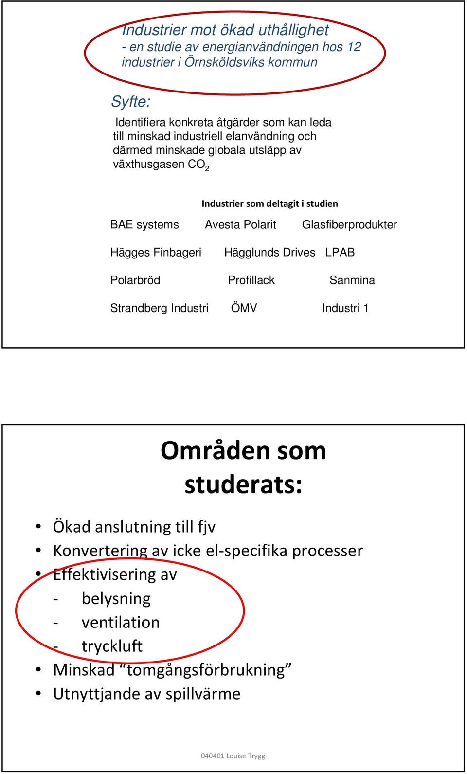 Glasfiberprodukter Hägges Finbageri Hägglunds Drives LPAB Polarbröd Profillack Sanmina Strandberg Industri ÖMV Industri 1 Områden som studerats: Ökad anslutning