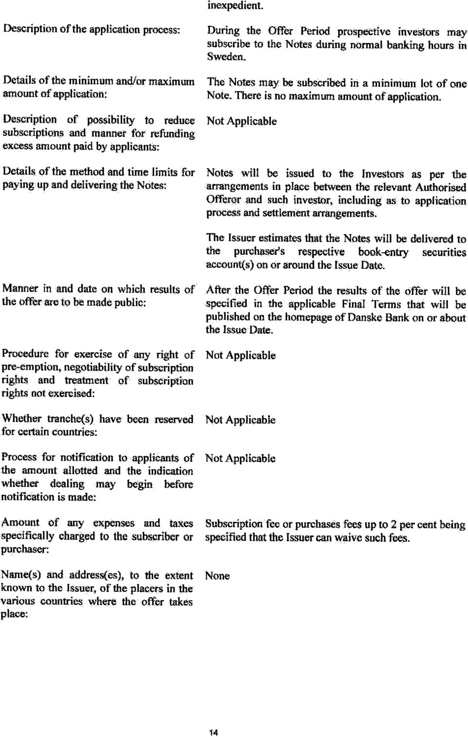 applicants: During the Offer Period prospective investors may subscribe to the Notes during normal banking hours in Sweden. The Notes may be subscribed in a minimum lot of one Note.