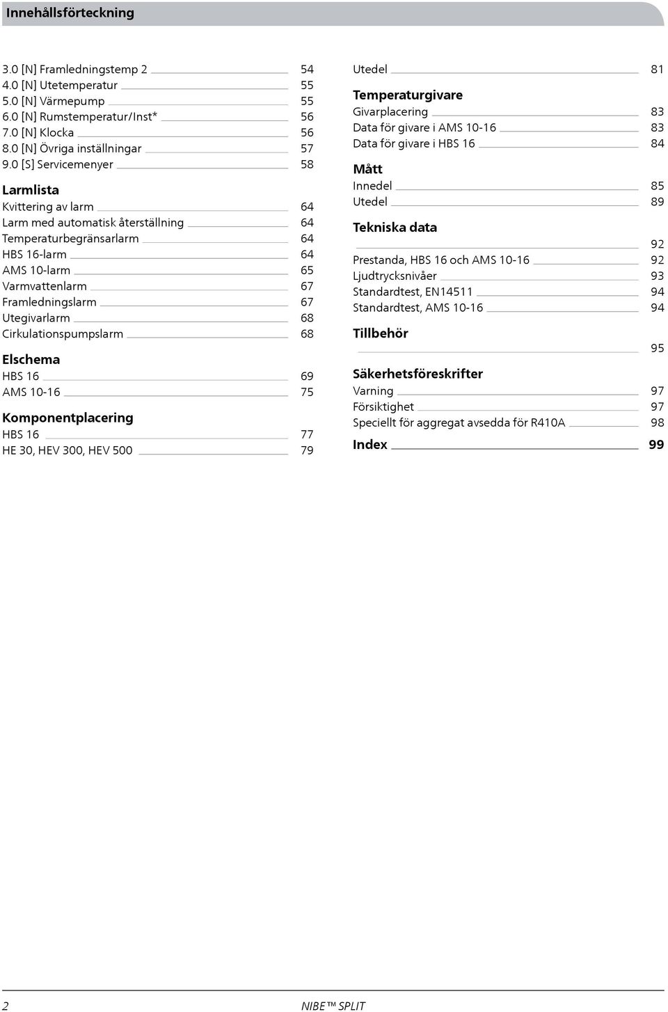 Elschema HBS 16 AMS 10-16 Komponentplacering HBS 16 HE 30, HEV 300, HEV 500 54 55 55 56 56 57 58 64 64 64 64 65 67 67 68 68 69 75 77 79 Utedel Temperaturgivare Givarplacering Data för givare i AMS