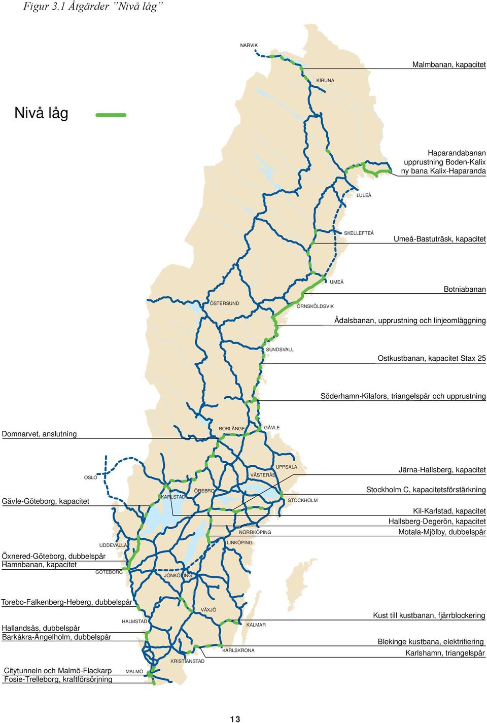 ÖRNSKÖLDSVIK Ådalsbanan, upprustning och linjeomläggning SUNDSVALL Ostkustbanan, kapacitet Stax 25 Söderhamn-Kilafors, triangelspår och upprustning Domnarvet, anslutning BORLÄNGE GÄVLE OSLO UPPSALA