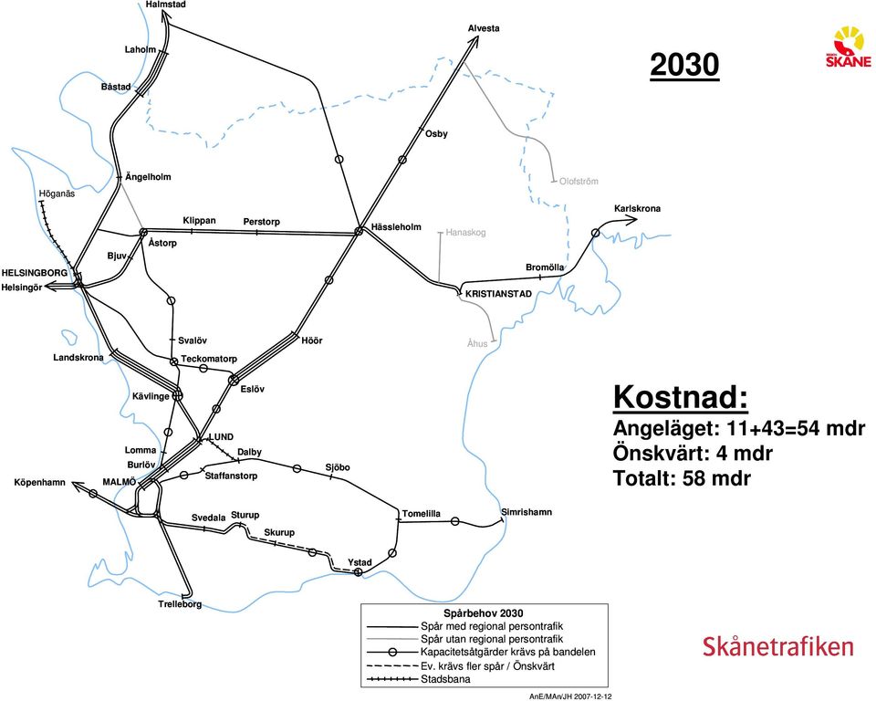 Kostnad: Angeläget: 11+43=54 mdr Önskvärt: 4 mdr Totalt: 58 mdr Svedala Sturup Skurup Tomelilla Simrishamn Ystad Trelleborg Spårbehov 2030 Spår