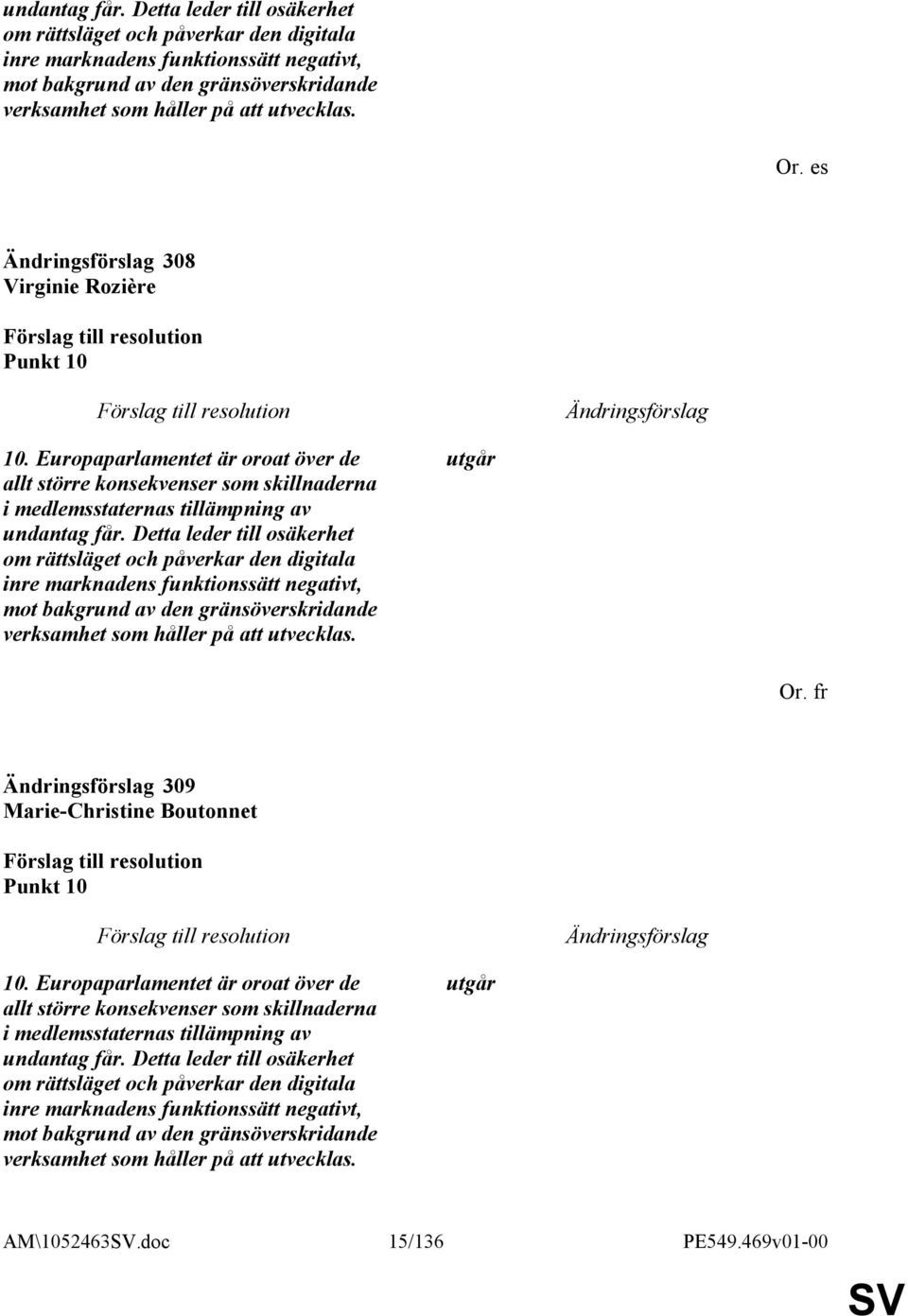 fr 309 Marie-Christine Boutonnet Punkt 10 10. Europaparlamentet är oroat över de allt större konsekvenser som skillnaderna i medlemsstaternas tillämpning av  utgår AM\1052463.doc 15/136 PE549.