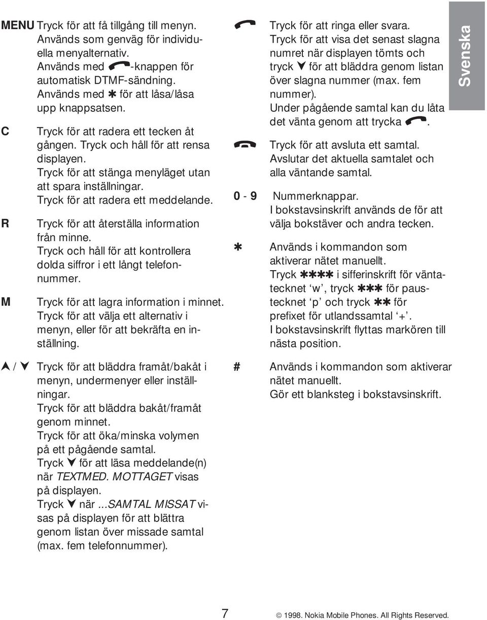 Tryck för att återställa information från minne. Tryck och håll för att kontrollera dolda siffror i ett långt telefonnummer. Tryck för att lagra information i minnet.