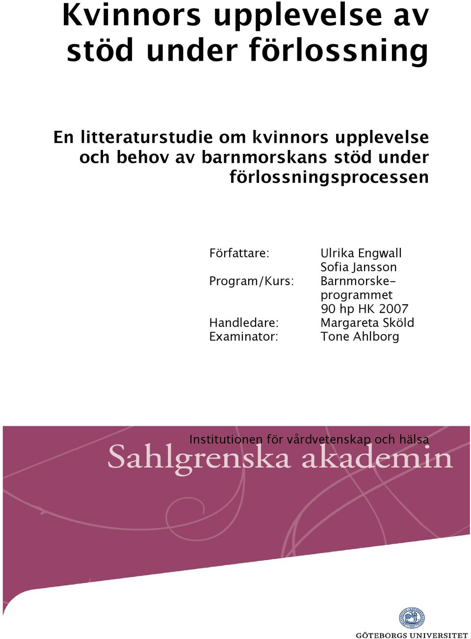 Program/Kurs: Handledare: Examinator: Ulrika Engwall Sofia Jansson