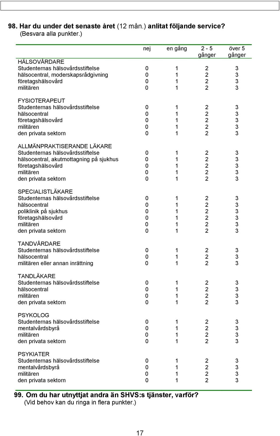 Studenternas hälsovårdsstiftelse 0 1 2 3 hälsocentral 0 1 2 3 företagshälsovård 0 1 2 3 militären 0 1 2 3 den privata sektorn 0 1 2 3 ALLMÄNPRAKTISERANDE LÄKARE Studenternas hälsovårdsstiftelse 0 1 2