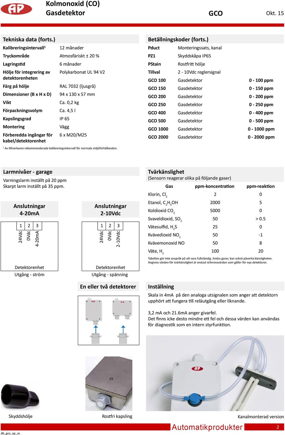 Polykarbonat UL 94 V2 RAL 7032 (ljusgrå) 94 x 130 x 57 mm Ca. 0,2 kg Ca. 4,5 l Kapslingsgrad IP 65 Montering Vägg Förberedda ingångar för 6 x M20/M25 kabel/detektorenhet Betällningskoder (forts.