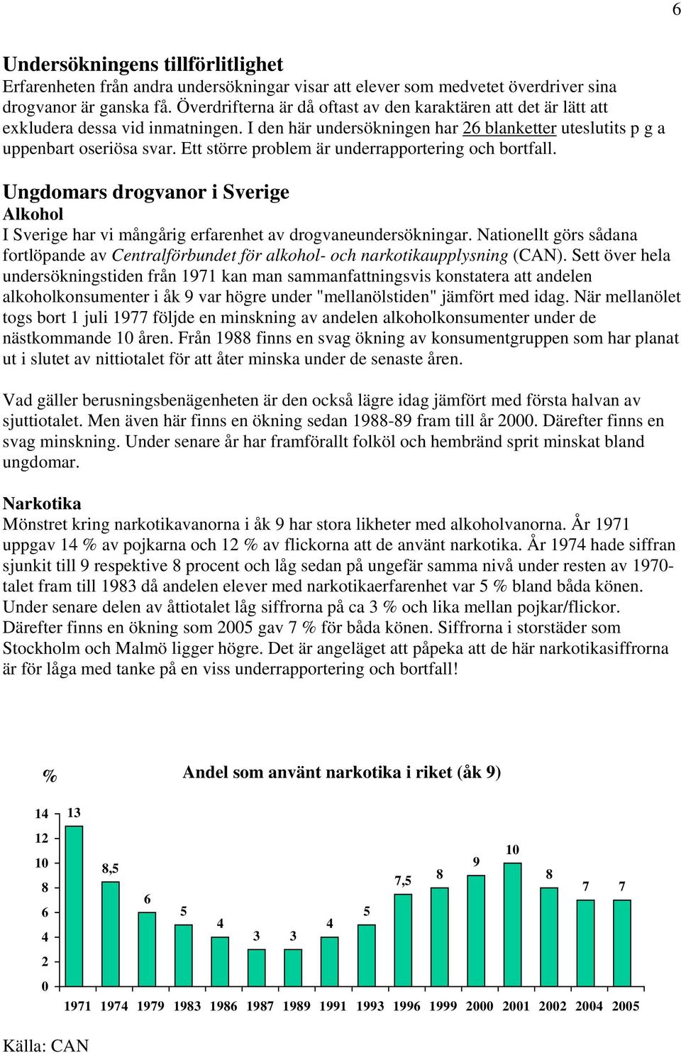 Ett större problem är underrapportering och bortfall. Ungdomars drogvanor i Sverige Alkohol I Sverige har vi mångårig erfarenhet av drogvaneundersökningar.