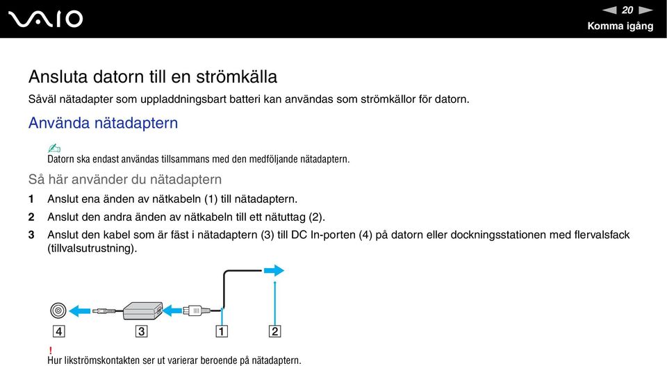 Så här använder du nätadaptern 1 Anslut ena änden av nätkabeln (1) till nätadaptern. 2 Anslut den andra änden av nätkabeln till ett nätuttag (2).